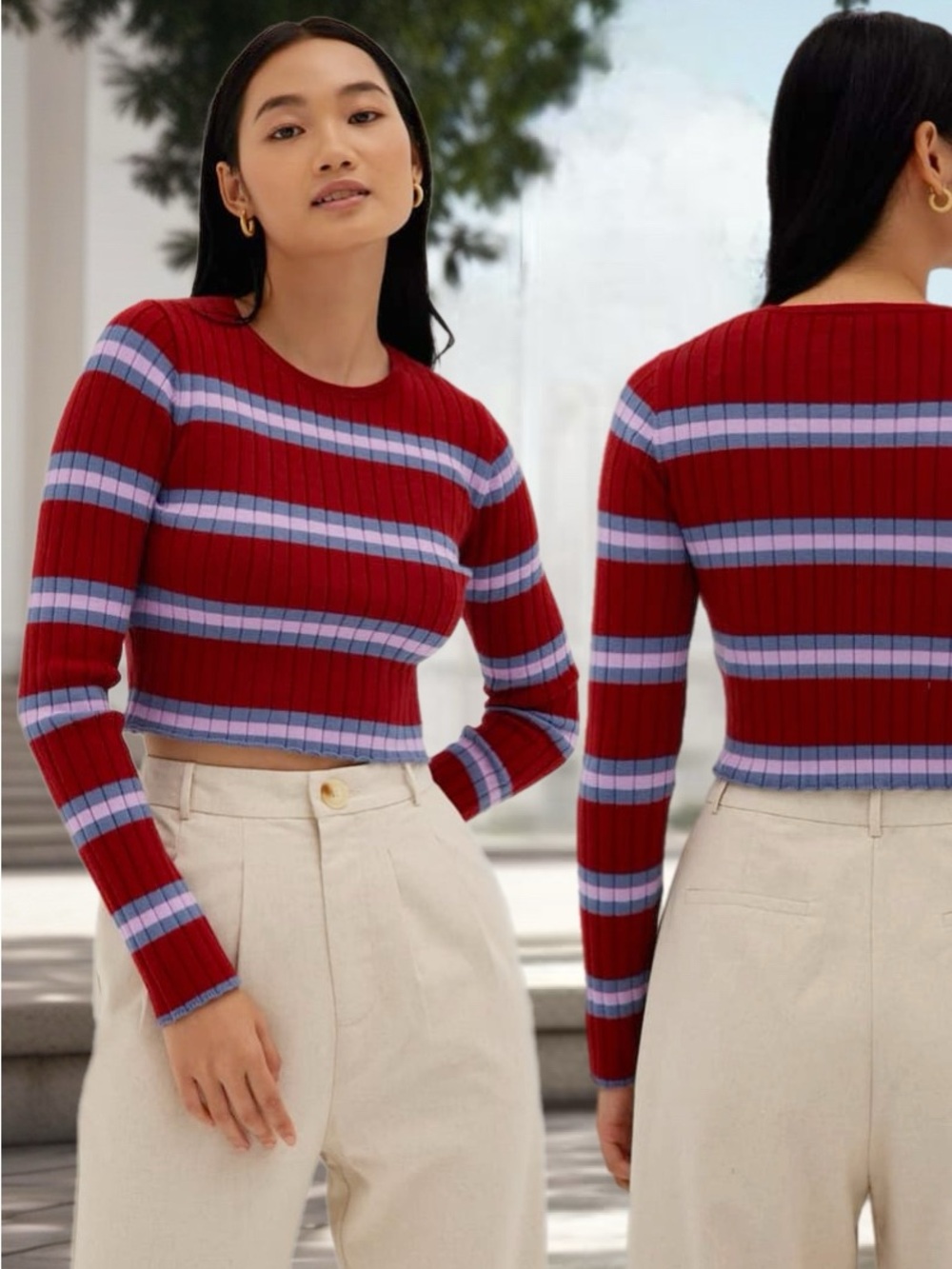 Love Bonito | Cropped Ribbed Sweater Top Striped Red Pink Fall Cozy Spring GUC 8